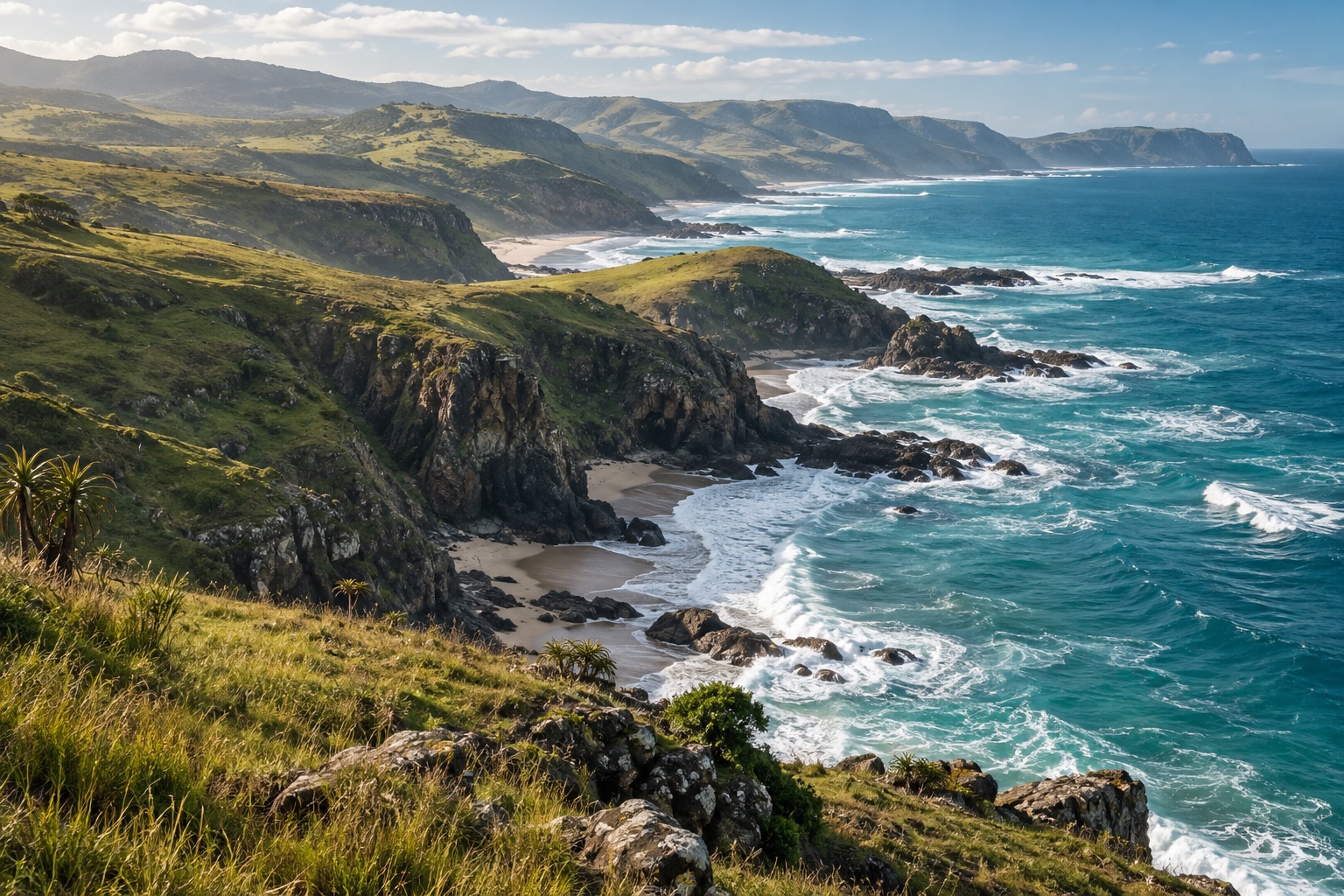 Illustrative rugged green coastal cliffs and ocean waves
