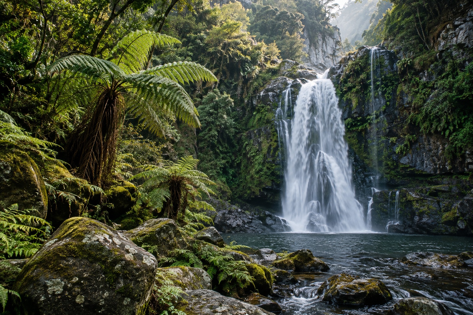 Illustrative waterfall surrounded by lush forest